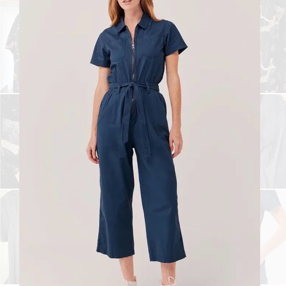 Pact Navy Short-Sleeve Utility Jumpsuit with Tie Waist